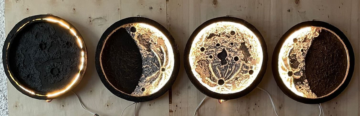 Fases lunares con luz led, cuadros decortivos texturados de fases lunares con luz led de 4 unidades de 30 cm de diametro